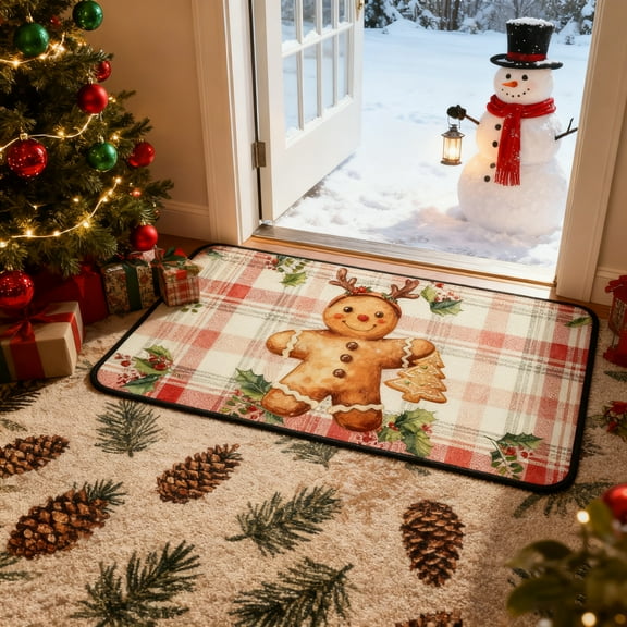 Gingerbread Man Christmas Doormat 20x39, Cute Holiday Welcome Mat with Non-Slip Base, Xmas Home Decor Low-Profile Rug Door Mat