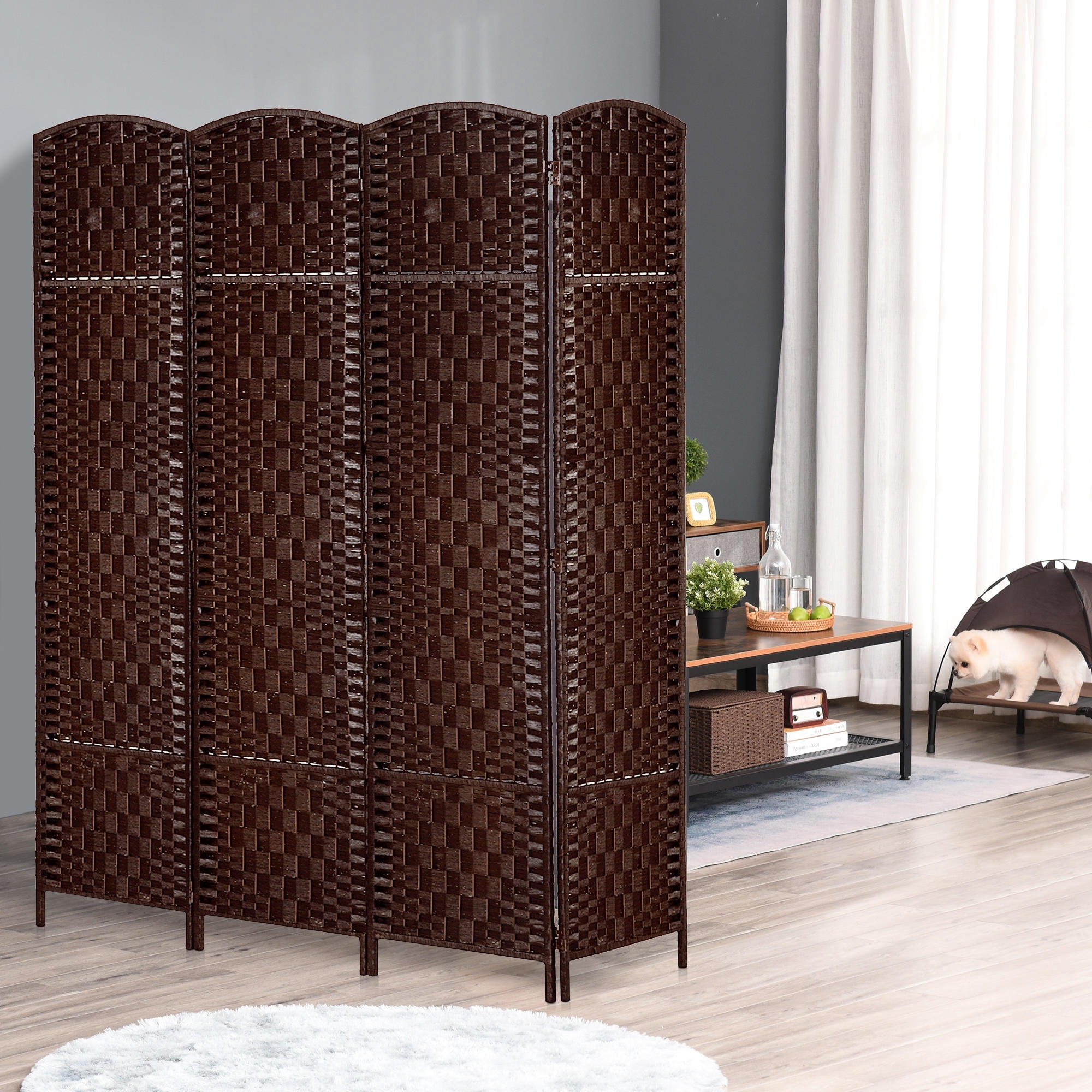 Folding Room Divider 4 Panel 6FT (70.9") Tall Privacy Screen Wicker Weave Freestanding Partition Wall for Bedroom Home Office Dorm, Brown