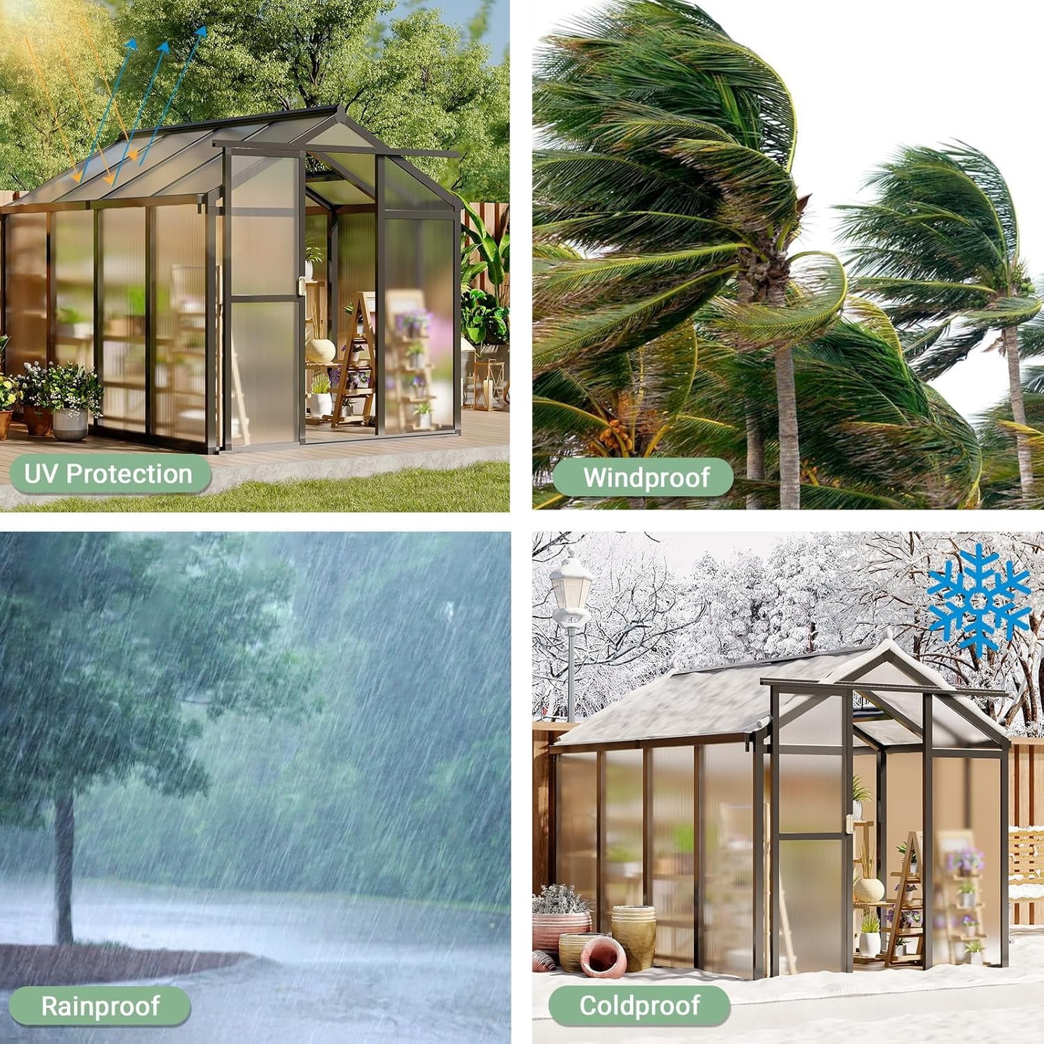 Heavy-Duty Walk-In Greenhouse 6x8 FT - Aluminum Frame, Polycarbonate Panels, Roof Vent, Lockable Sliding Door - Outdoor Garden, Patio, Sunroom, Backyard - Black