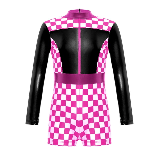 YONGHS Girls Racer Jumpsuit Kids Race Car Racer Driver Outfits Long Sleeve Checkerboard Unitard Black 6
