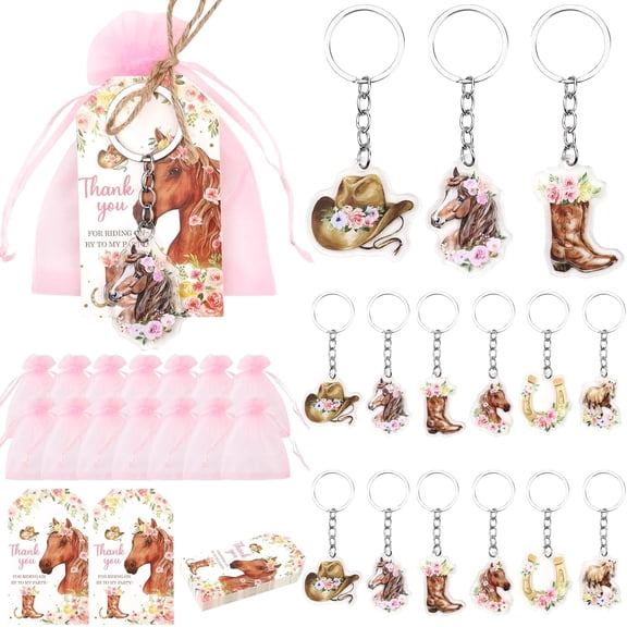 Western Cowgirl Party Favors, 72pcs Pink Floral Horse Party Favor Bags Filler Floral Horse Keychains Thank You Tags Pink Organza Bags for Floral Horse Cowgirl Baby Shower Birthday Party