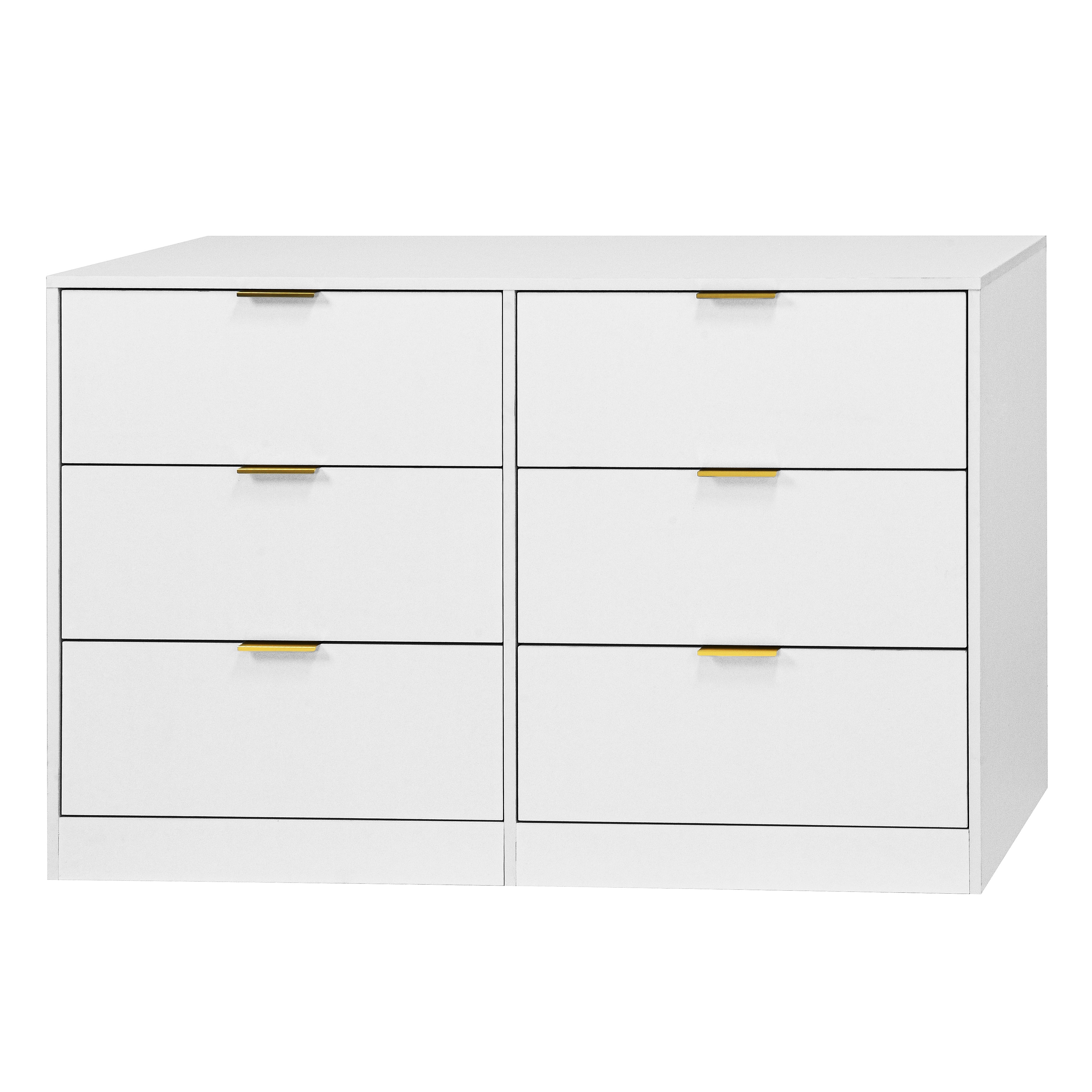 Mintazer Wide Dresser with 6 Drawers, Storage Chest of Drawers with Gold Metal Handles for Entryway Bedroom Living Room Hallway, White
