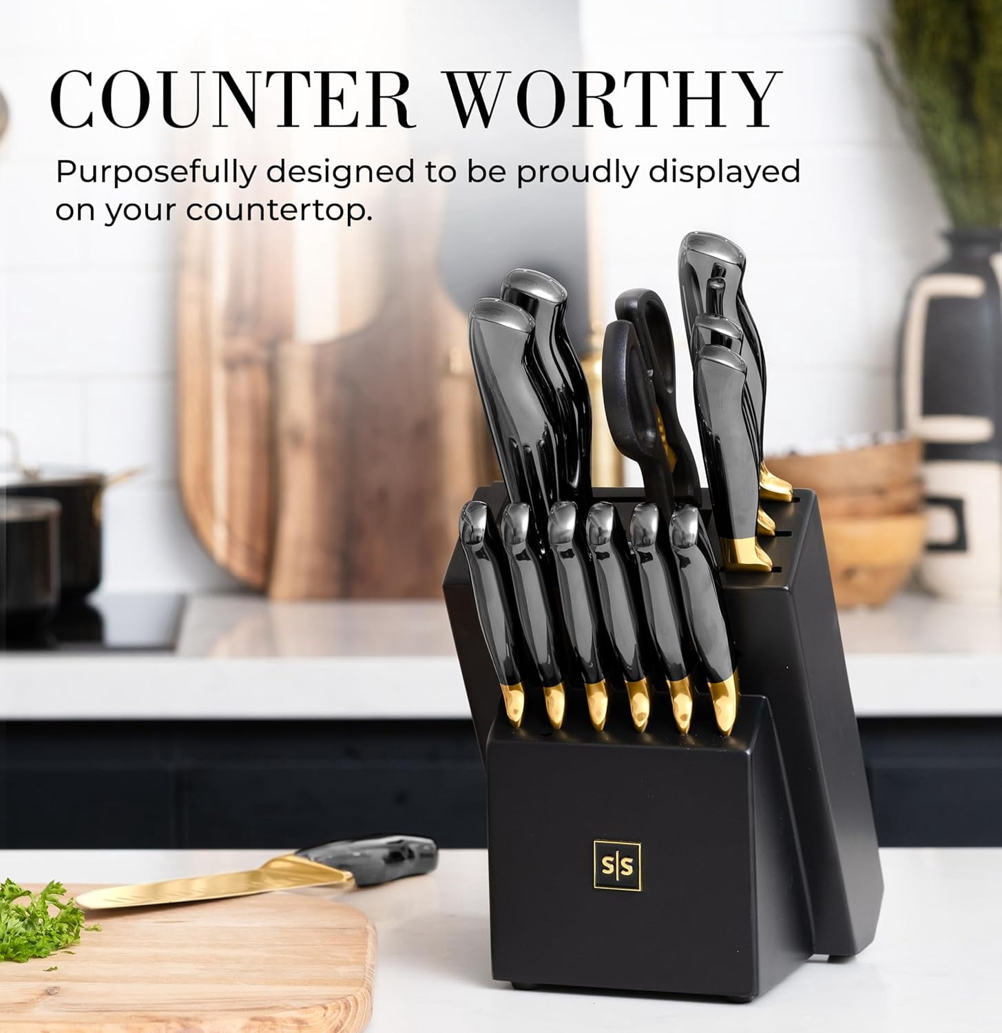 Black and Gold Knife Set with Sharpener- 14 PC Gold Knife Set with Block and Sharpener Includes Full Tang Black and Gold Knives & Self Sharpening Knife Block Set - Black and Gold Kitchen Accessories
