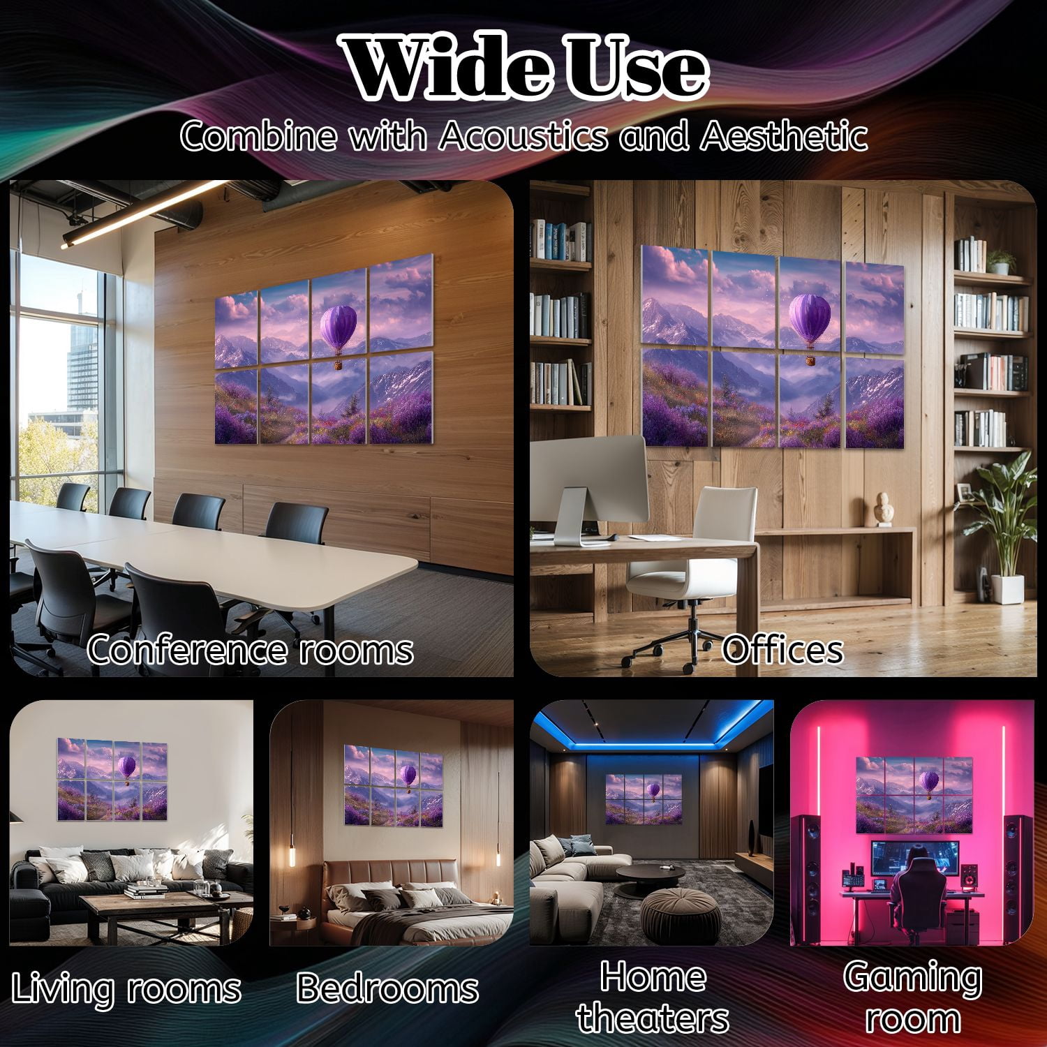 8 Pack Art Acoustic Panels Sound Absorbing Hot Air Balloon Decorative Soundproof Wall Panels Self Adhesive for Nursery Game Room Bedroom 48"x32"