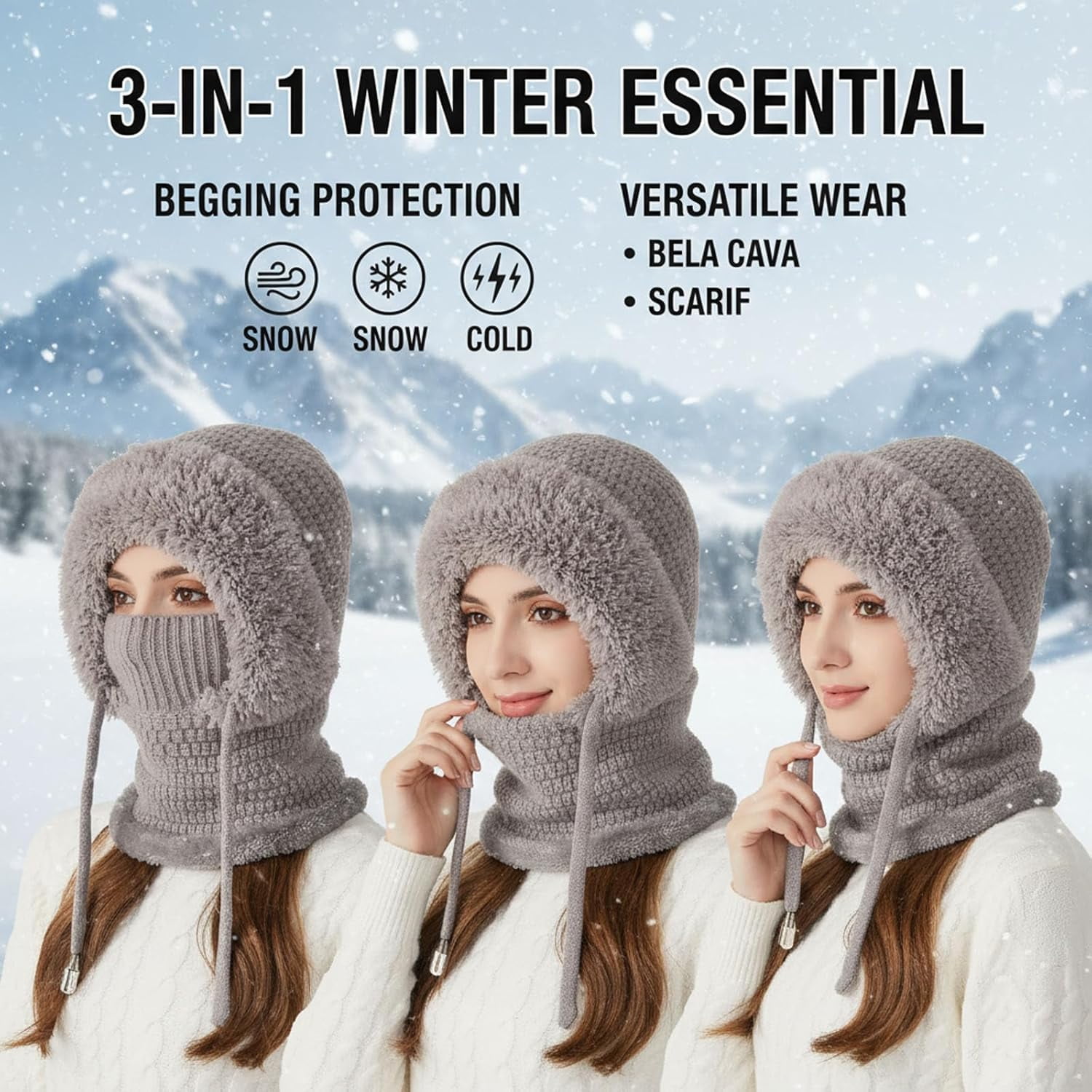 3 in 1 Beanie Hat with Scarf & Mask, Women's Winter One-Piece Knitted Balaclava
