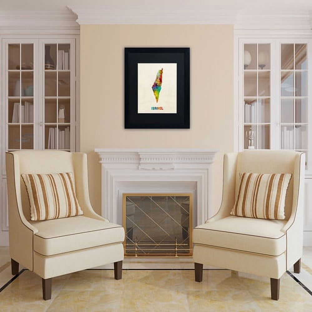 Trademark Fine Art "Israel Watercolor Map" Canvas Art by Michael Tompsett, Black Matte, Black Frame