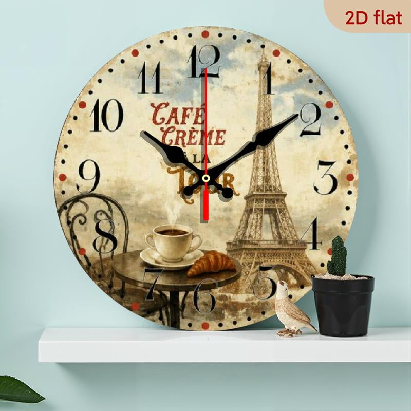 Eiffel Tower Paris Cafe Theme Round Wall Clock, Vintage French Coffee Shop Decor for Kitchen, Living Room, Bedroom, Perfect Gift for Family, Friends and Art Lovers 10*10in