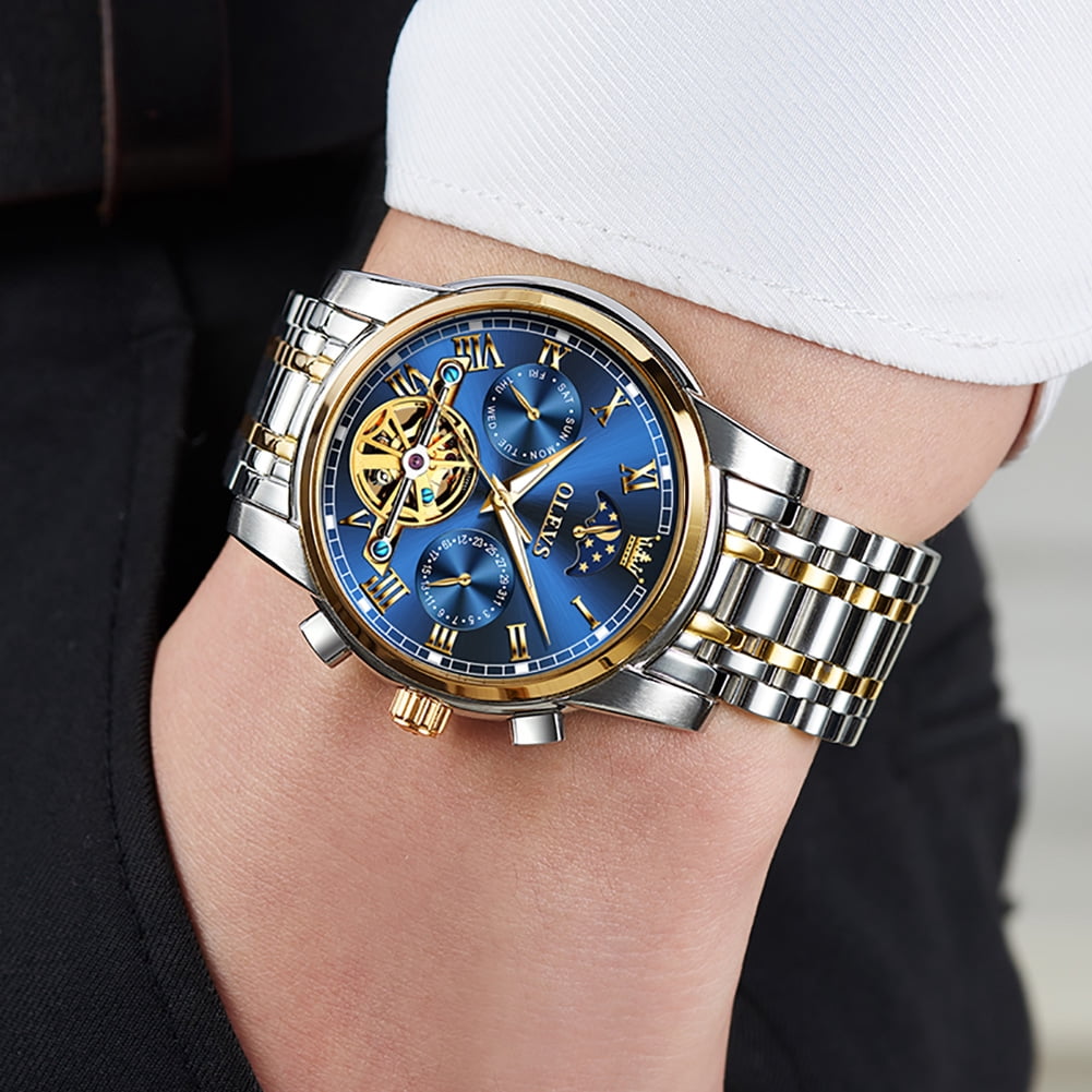 OLEVS Automatic Watches for Mens Skeleton Mechanical Self Winding Chronograph Calendar Classic Dress Moon Phase Multifunction Mens Wrist Watches Luminous Waterproof Stainless Steel Reloj Para Hombre