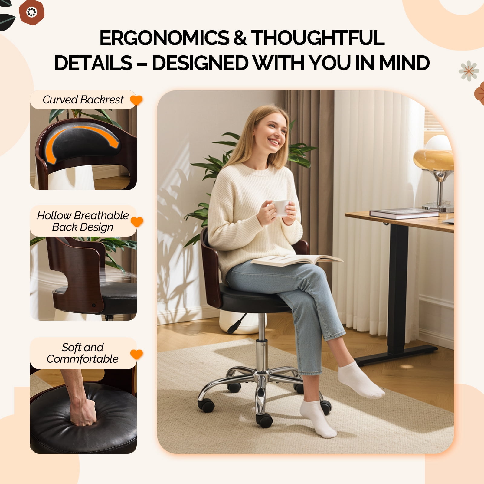 Ktaxon Office Computer Desk Chair with Rolling Wheels, Vanity Stool with Faux Leather Seat, Adjustable Task Chair for Study Make-up Dressing Black