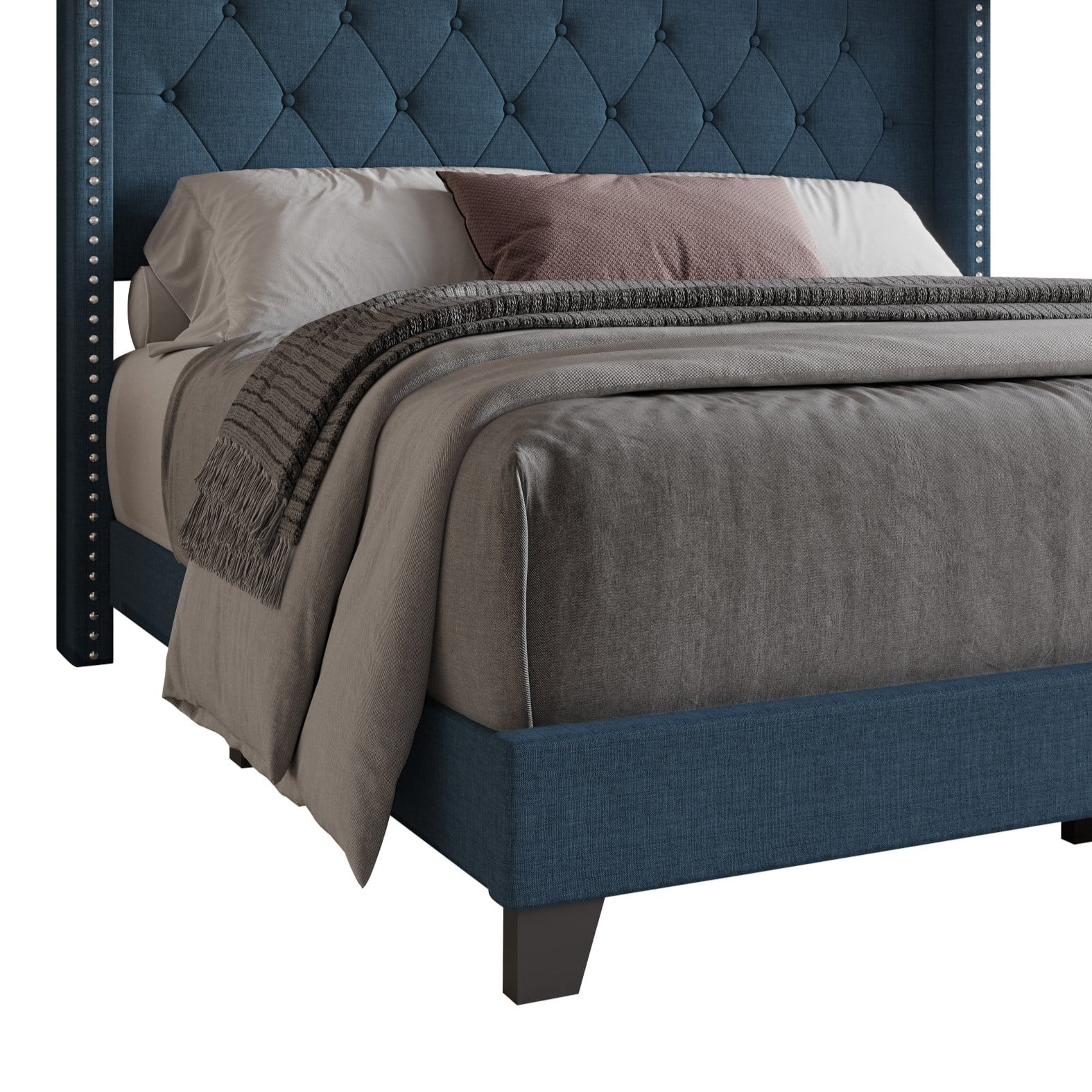 Home Design Homer King Button-Tufted Wingback Upholstered Panel Bed Frame with Nailhead Trim design for Adult, Denim Blue, Easy Assembly