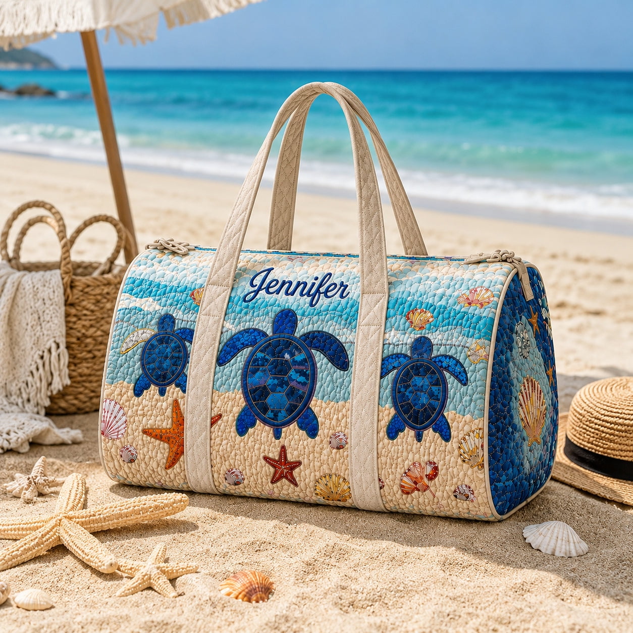 Coastal Sea Turtle Quilted Duffle Bag, Quilted Beach Weekender Bag, Sea Turtle Travel Bag, Quilted Bag Gift
