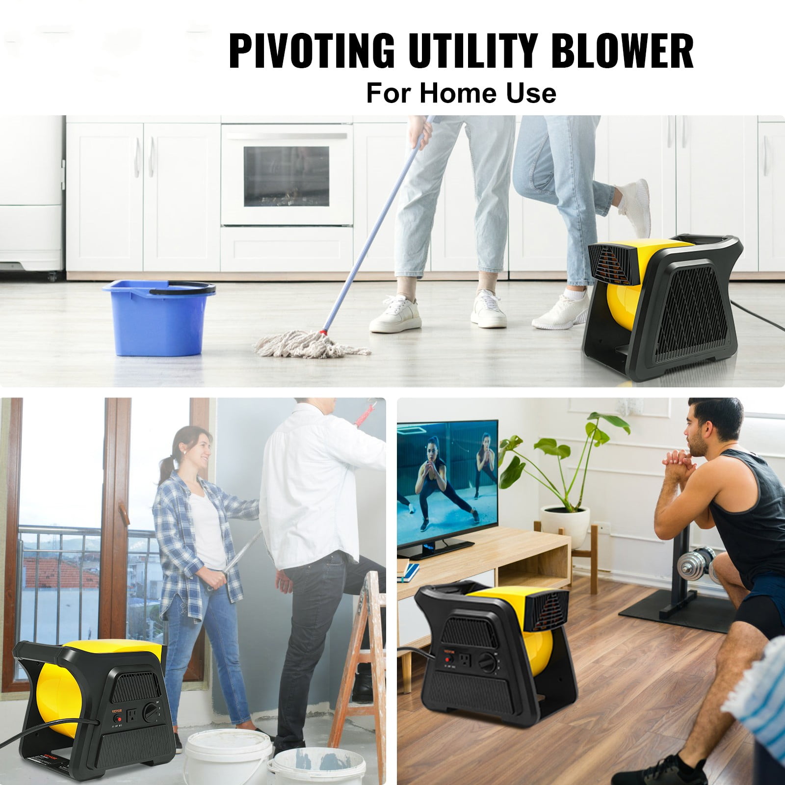 VEVOR 600 CFM 3-Speed Floor Blower Fan, Pivoting Utility Fan, Portable Air Mover Floor Carpet Dryer w/ Timer and Power Outlet for Home