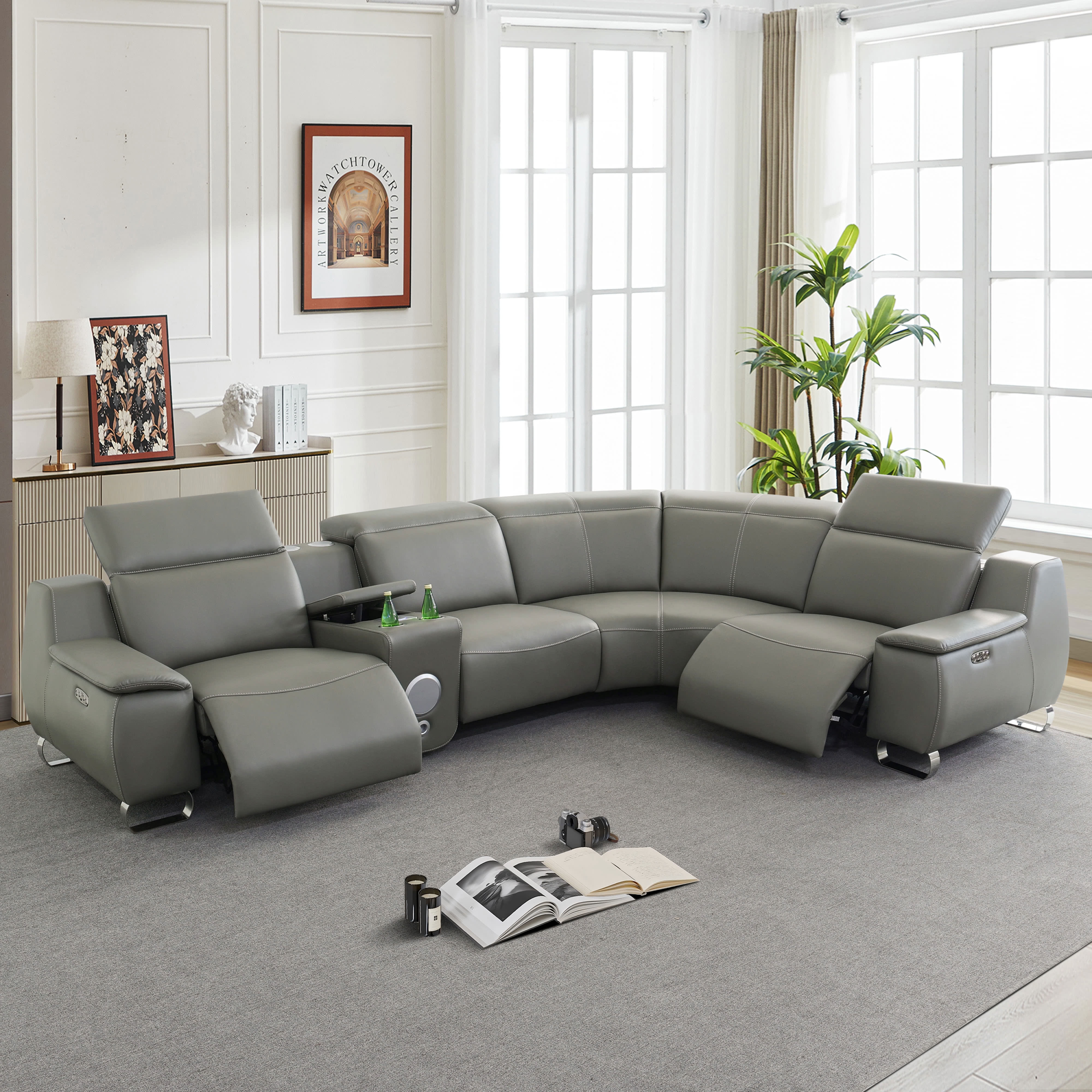 MAYEERTY Power Reclining L-Shaped Sectional Sofa, Leather Recliner Couch with Bluetooth Speaker, Wireless Charging & USB for Living Room