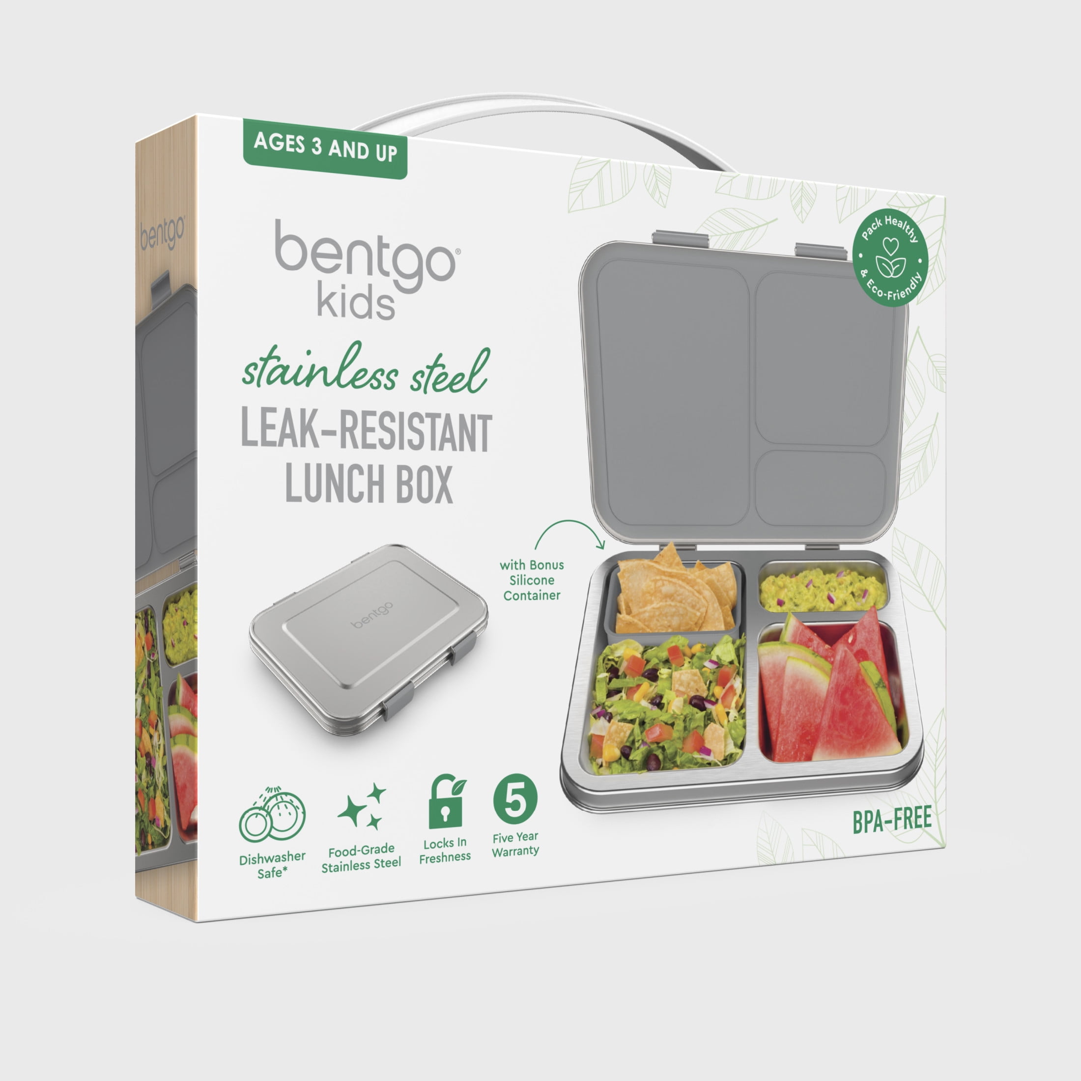 Bentgo Kids Stainless Steel Leak-Resistant Lunch Box - 3-Compartments with Bonus Silicone Container, Durable, Eco-Friendly, Dishwasher Safe, BPA-Free, Ideal for School, Ages 3+ (Silver)