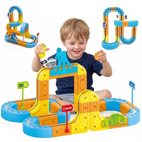 QOQ Electric Train Track Set, 98-Piece Magnetic 3D DIY Track with 360° Loops, STEM Toy for Kids Ages 3