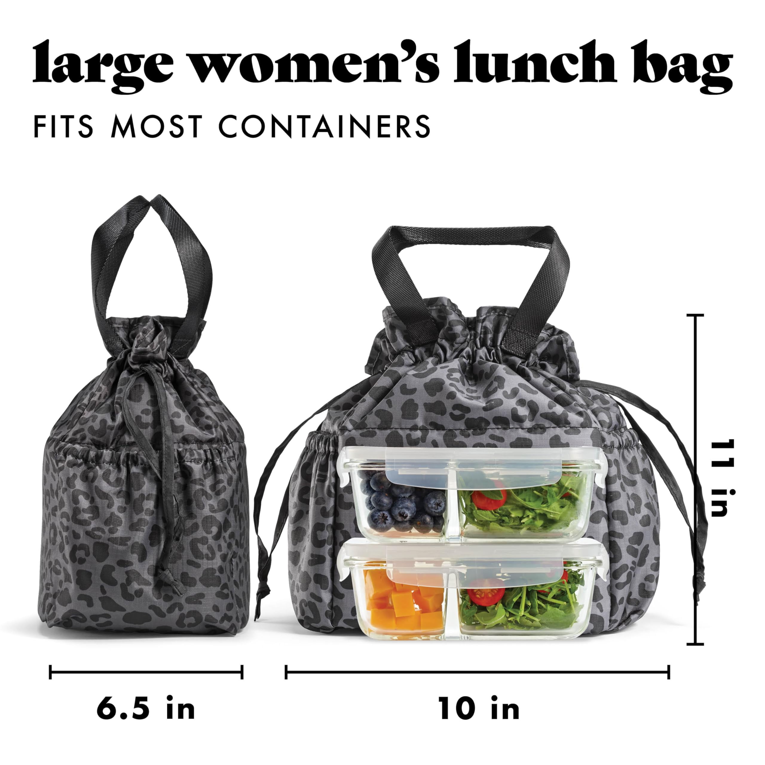 Fit + Fresh Cromwell Leak Proof Insulated Drawstring Lunch Bag with 2 Containers, Black Leopard