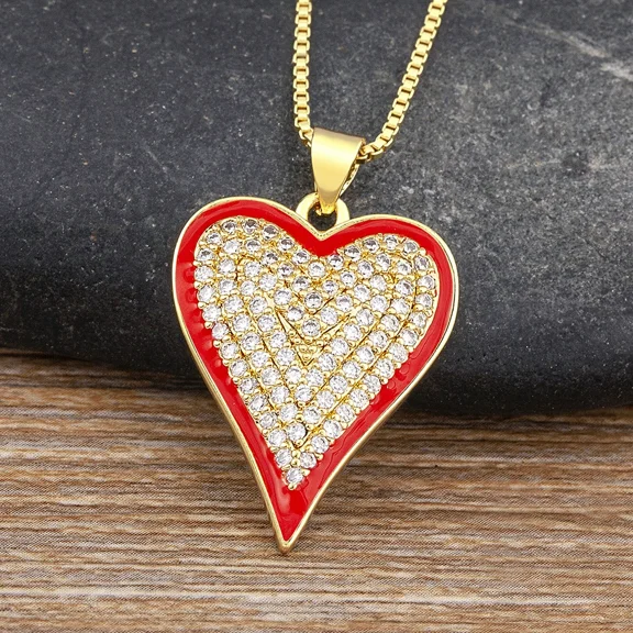 Hot Sale 6 Colors Choice Heart Shape Cubic Zirconia 14K Yellow Gold Pendant Necklace For Women Female Birthday Party Jewelry Accessories