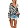 thumbnail image 2 of Qiylii Women Loose Knitwear, U-shaped Collar Balloon Sleeve Stripe Pattern Tops, 2 of 7