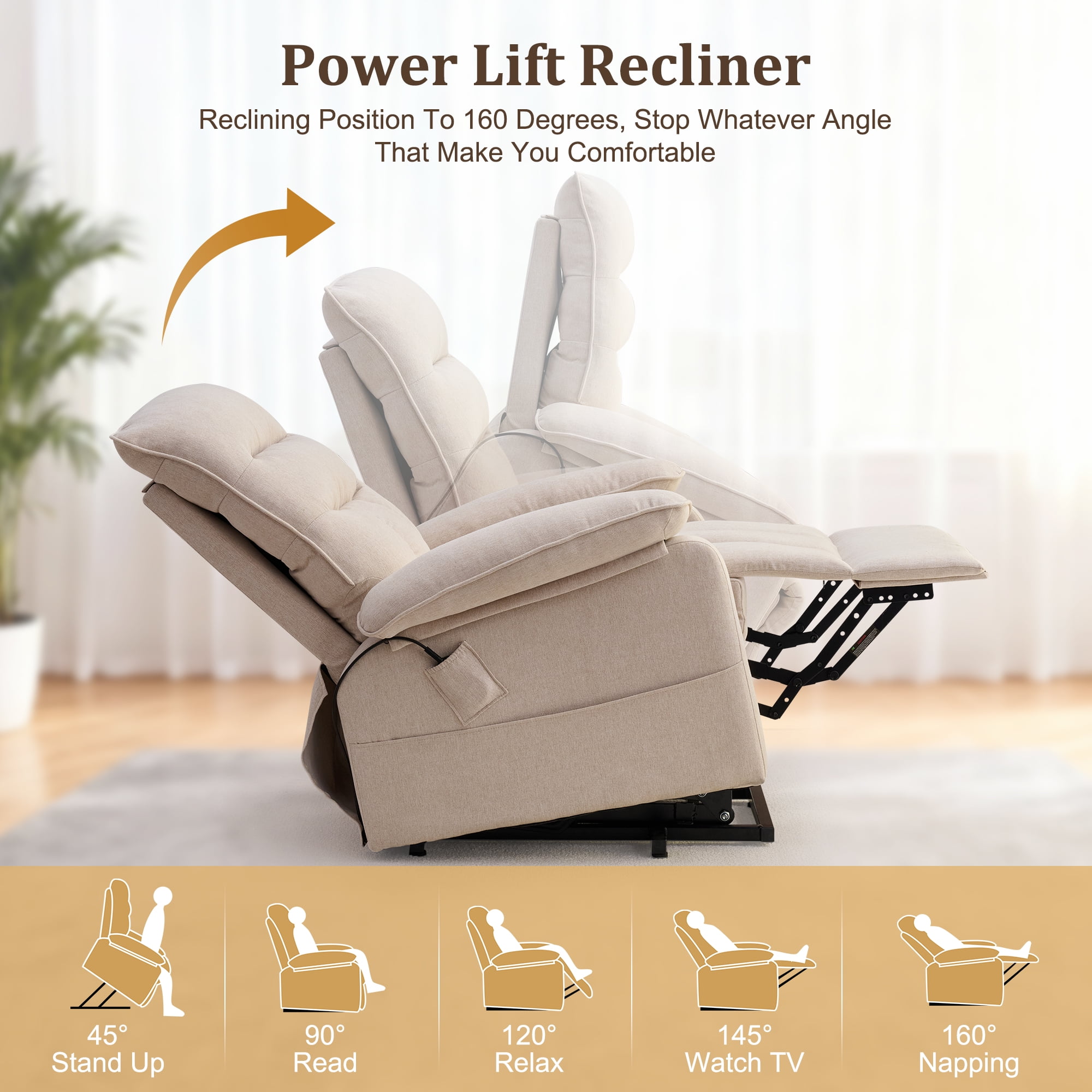 Korser Small Power Lift Recliner Chair for Elderly with Side Pockets Lift Chair for Small Spaces for Living Room,Linen,Khaki