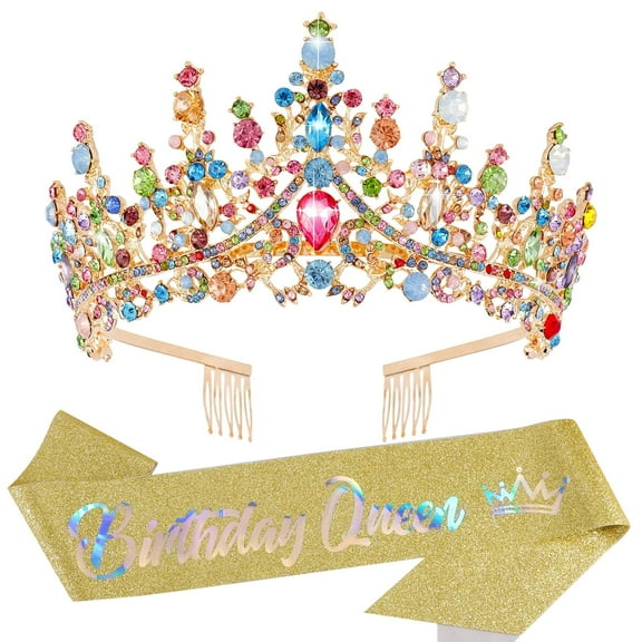 2 pcs Colourful Crystal Birthday Queen Tiara Crown for Women Girls Birthday Queen Headband Sash Elegant Princess Crown with Combs Hair Accessories Happy Birth Party Decorations Mom Birth Gift