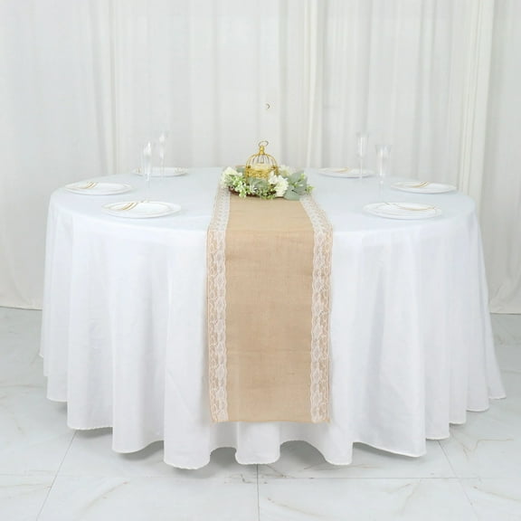 Balsa Circle 14x104" Natural Jute Burlap Table Runner White Lace Trim Party Events Decorations Supplies