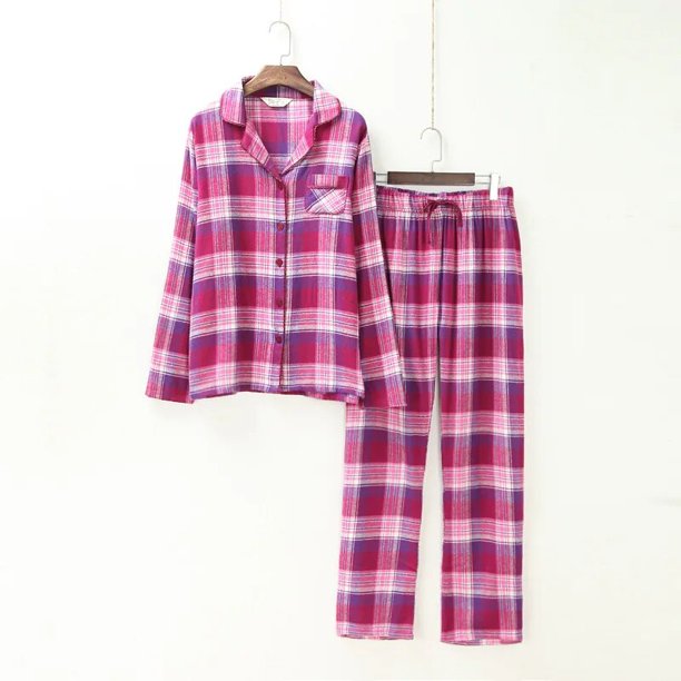 Conjuntos de pijamas de algodón cepillado para mujer, ropa de dormir de manga larga a cuadros, a la moda, de talla grande, 100%