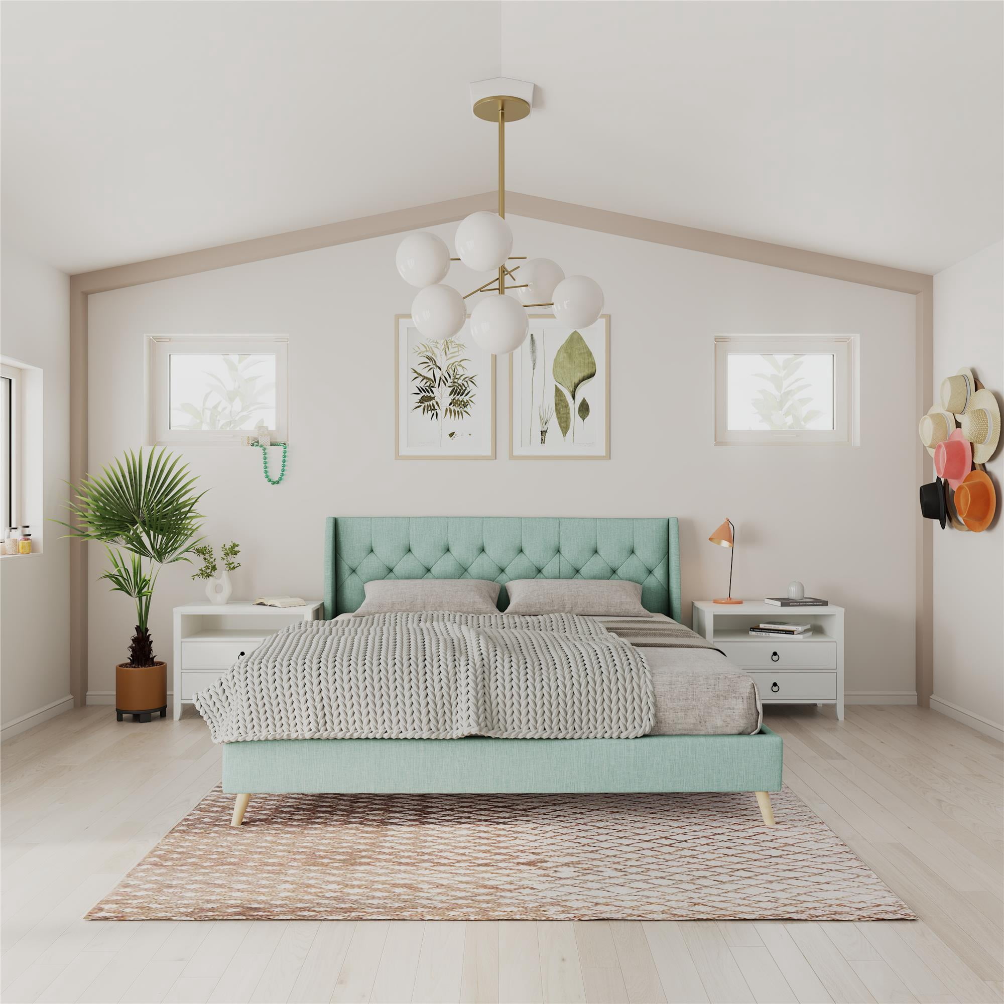 Novogratz Her Majesty Tufted Upholstered Bed Frame, King, Light Green Linen