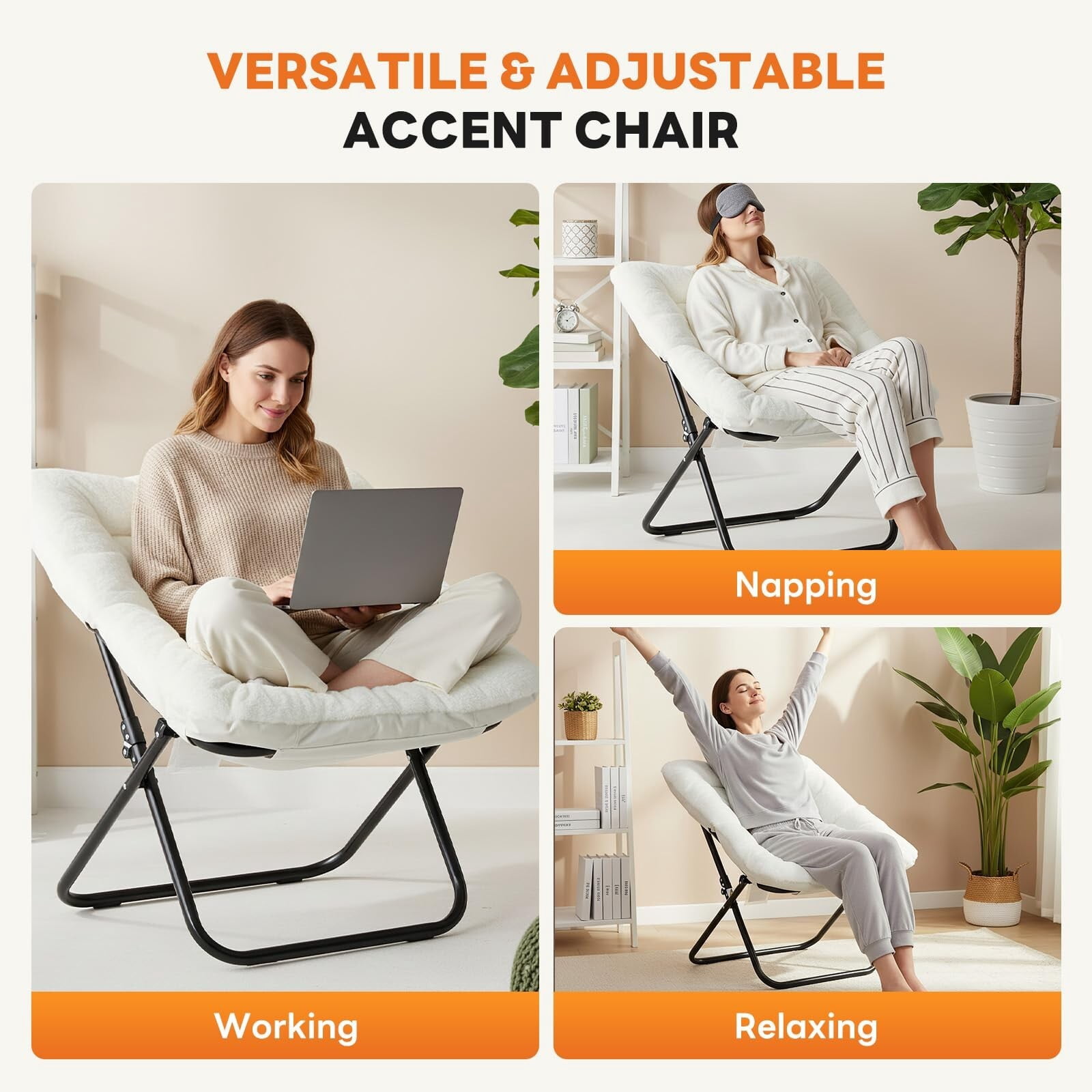 Kelno Faux Fur Folding Lounge Chair 450lb Capacity Foldable Comfy Chair Soft Plush Reading Chair, White