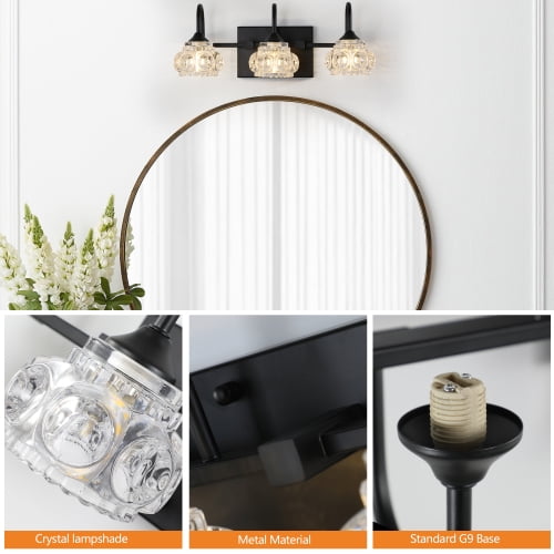 ACE-LIGHTS,Retro 3-Light Bathroom Vanity Light Fixture with Crystal Glass Shades(Bulbs Not Included),Wall Mounted Lighting for Bathroom,Dressing Room,Powder Room and Vanity Mirror(Black）