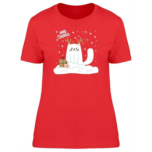 Merry Christmas White Cat T-Shirt Women -Image by Shutterstock, Female x-Large