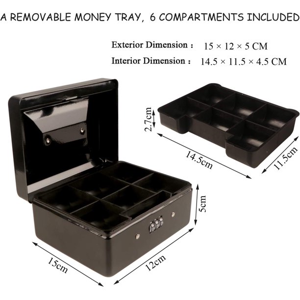 Caja pequeña para monedas con cerradura de combinación - Caja metálica duradera para monedas con bandeja de almacenamiento con cerradura, 15 × 12 × 8 cm (negro)