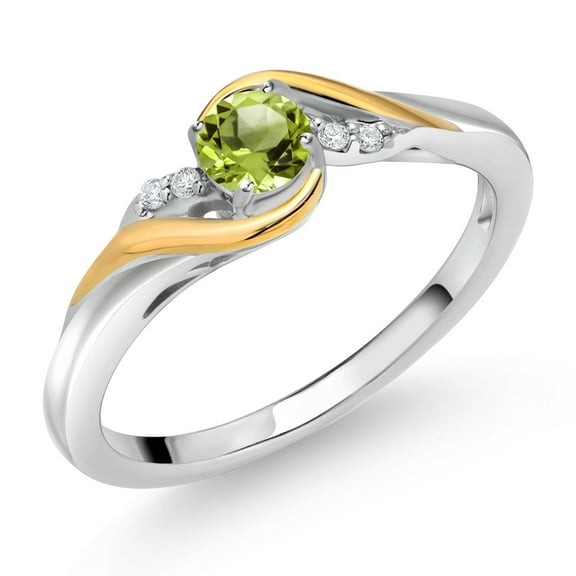 Gem Stone King 925 Sterling Silver and 10K Yellow Gold Round Green Peridot and White Lab Grown Diamond Engagement Ring for Women (0.33 Cttw, Gemstone Birthstone, Size 8)