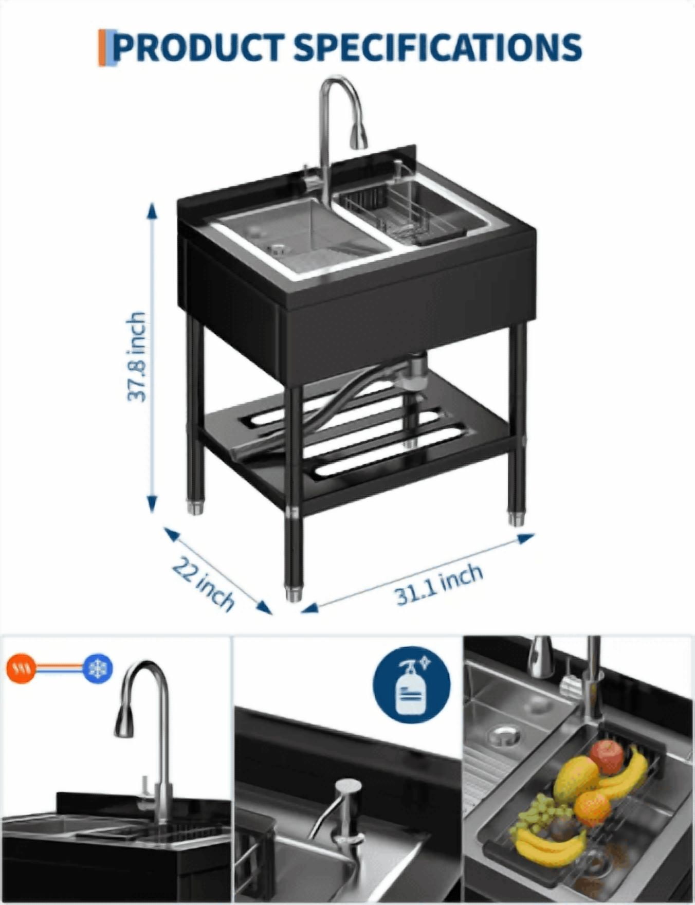 31.1" W x 22" D x 37.8" H Heavy-Duty Freestanding Utility Sink – Stainless Steel Commercial Basin with Pull-Out Faucet