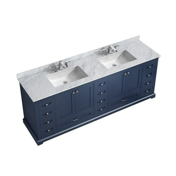 Dukes 84 in. Navy Blue Double Vanity, White Carrara Marble Top, White Square Sinks & No Mirror - 84 x 22 x 34 in.
