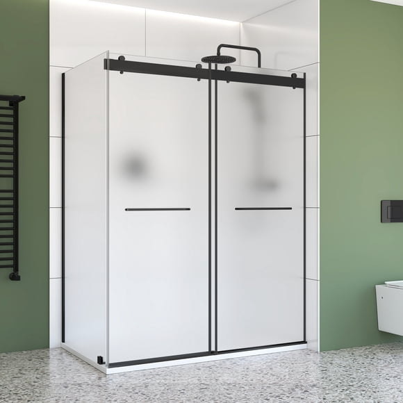 48" x 36" Black Corner Sliding Shower Kit – Frameless Double Bypass Doors with 6 mm Frosted Tempered Glass, Right‑Hand Installation & SMC Base