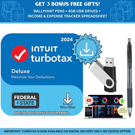 [New Version] TurboTax Deluxe 2024 Tax Software - Federal & State Tax Return [PC/MAC Download] - BONUS FREE 4GB USB 2.0 Flash Drives + Income & Expense Tracker Spreadsheet + Retractable Ballpoint Pen