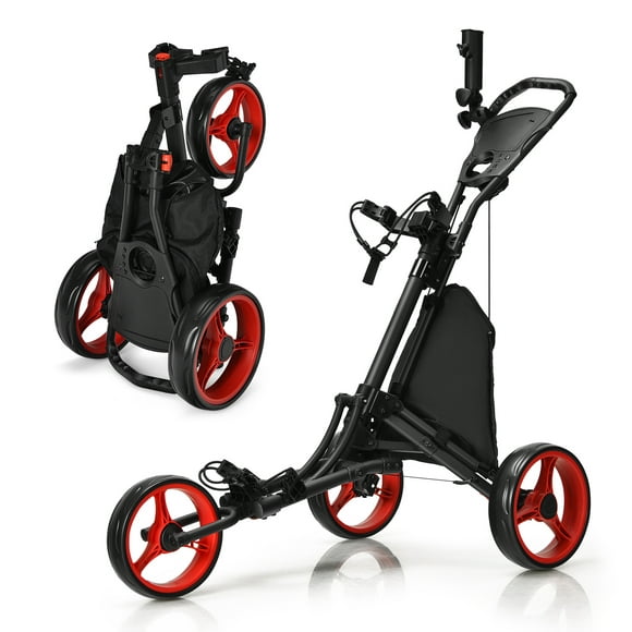 Gymax 3-Wheel Foldable Golf Push Pull Cart Trolley w/ Adjustable Handle Red