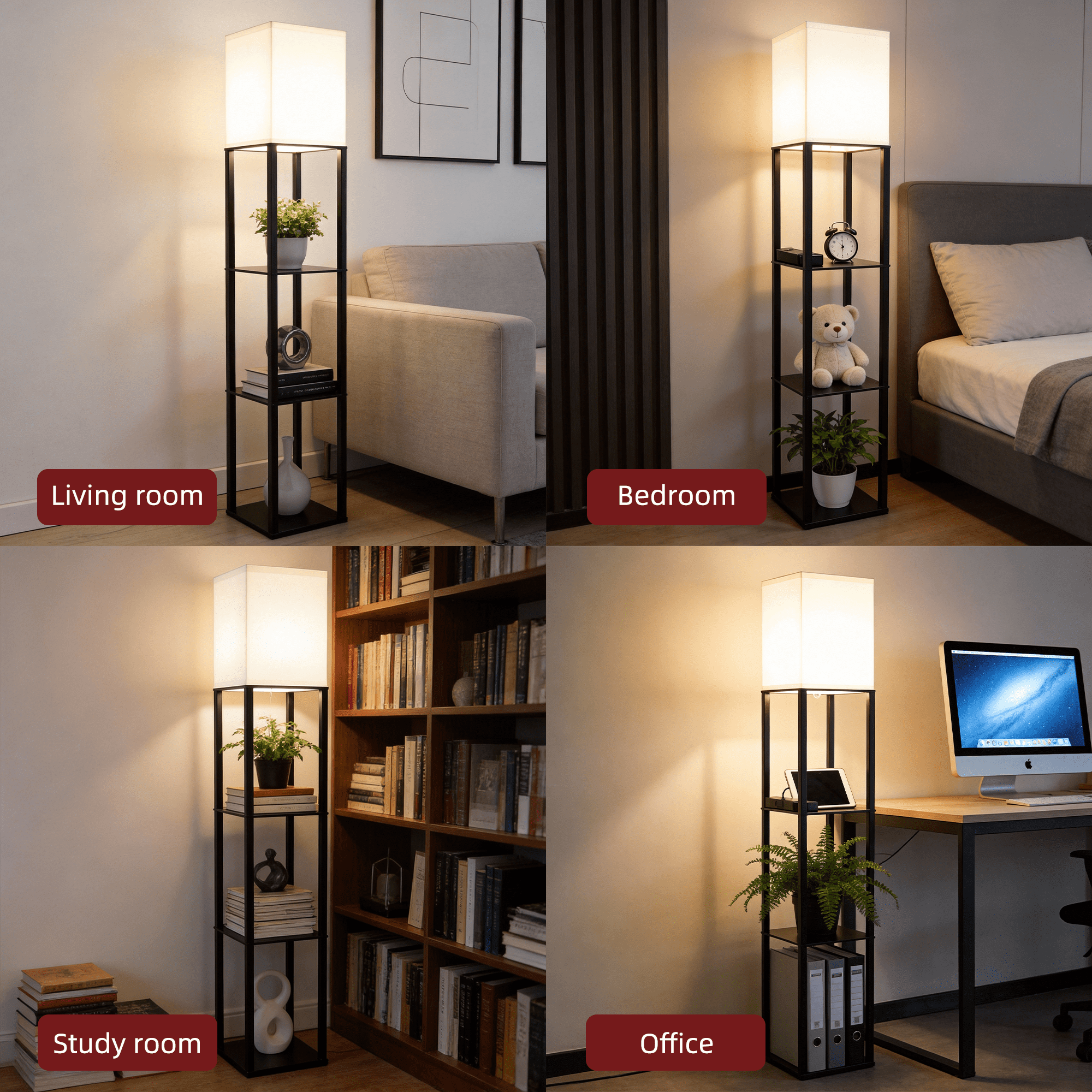 Homechoose Modern Shelf Floor Lamp with Charging Station, Stepless Dimming, Remote & App Control, 3-Tier Storage, 2500K–6000K Adjustable, Walnut Black