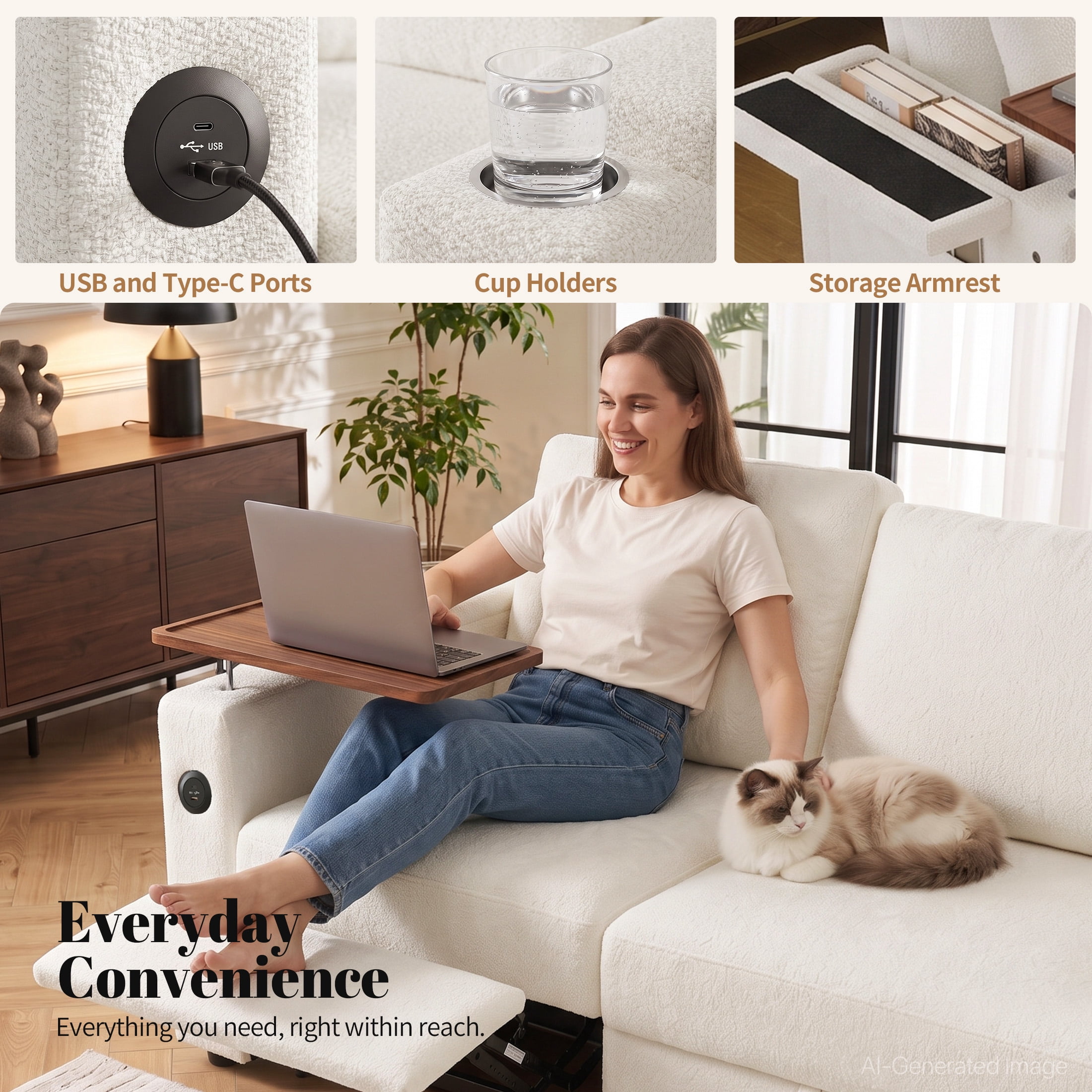 Aenkyo 81" 3-in-1 Convertible Sleeper Sofa with Pull Out Bed and Recliner, Adjustable Backrest, White