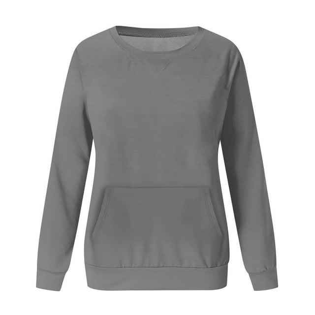 Besolor Chandails à Manches Longues pour Femmes Printemps Automne Col Rond Décontracté Couleur Unie avec Poche
