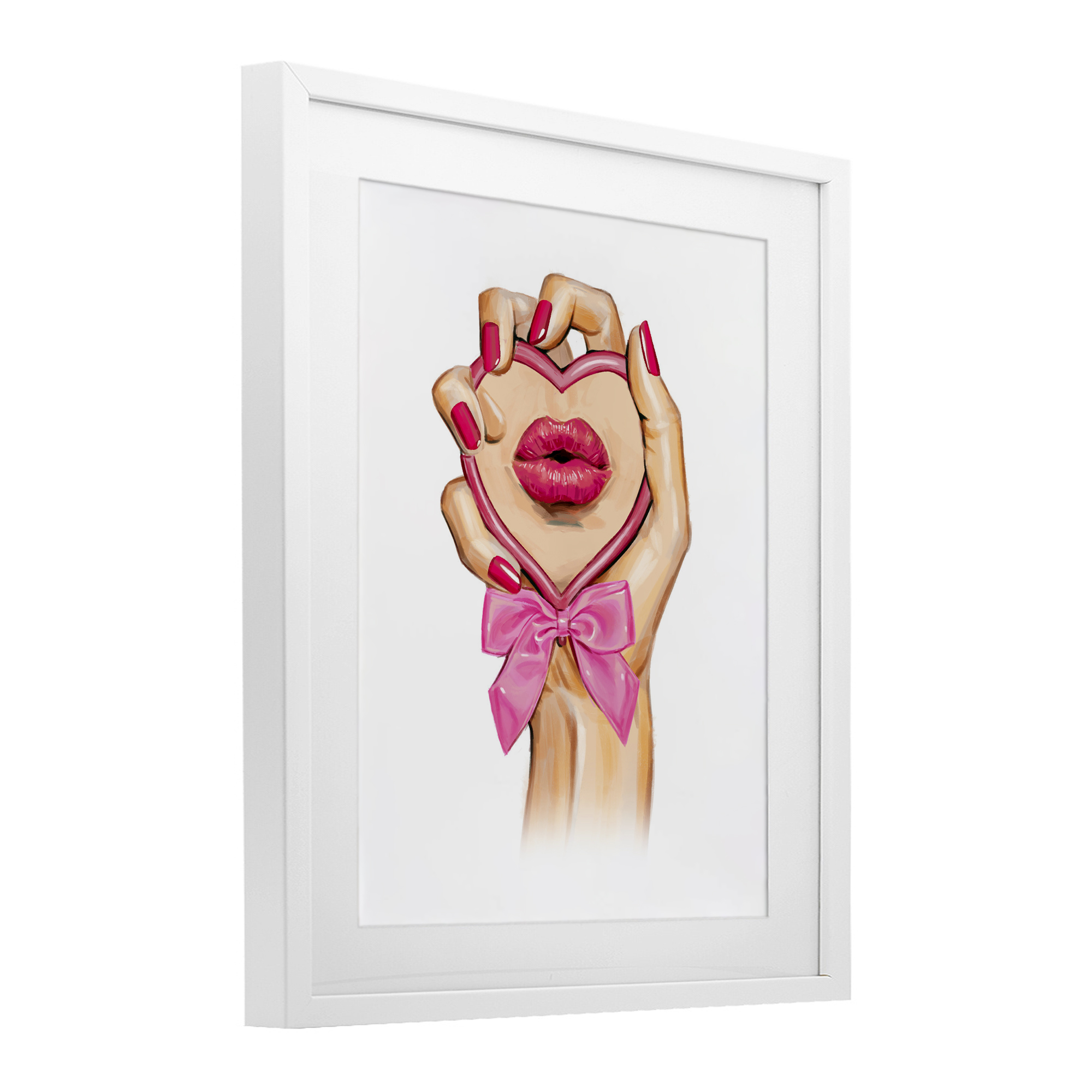 Pink Lips in Mirror White Framed Print Under Glass, design by Ziwei Li