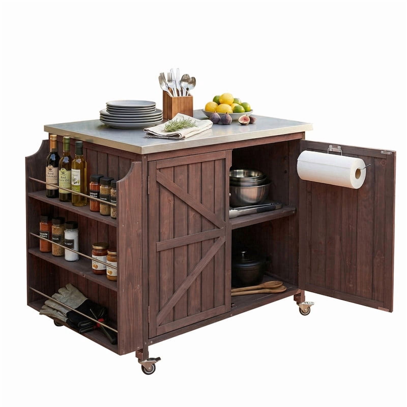 42" Outdoor Kitchen Island with Stainless Steel Top, Fir Wood Grill Cart Outdoor Storage Cabinet with Adjustable Shelf and 4 Wheels