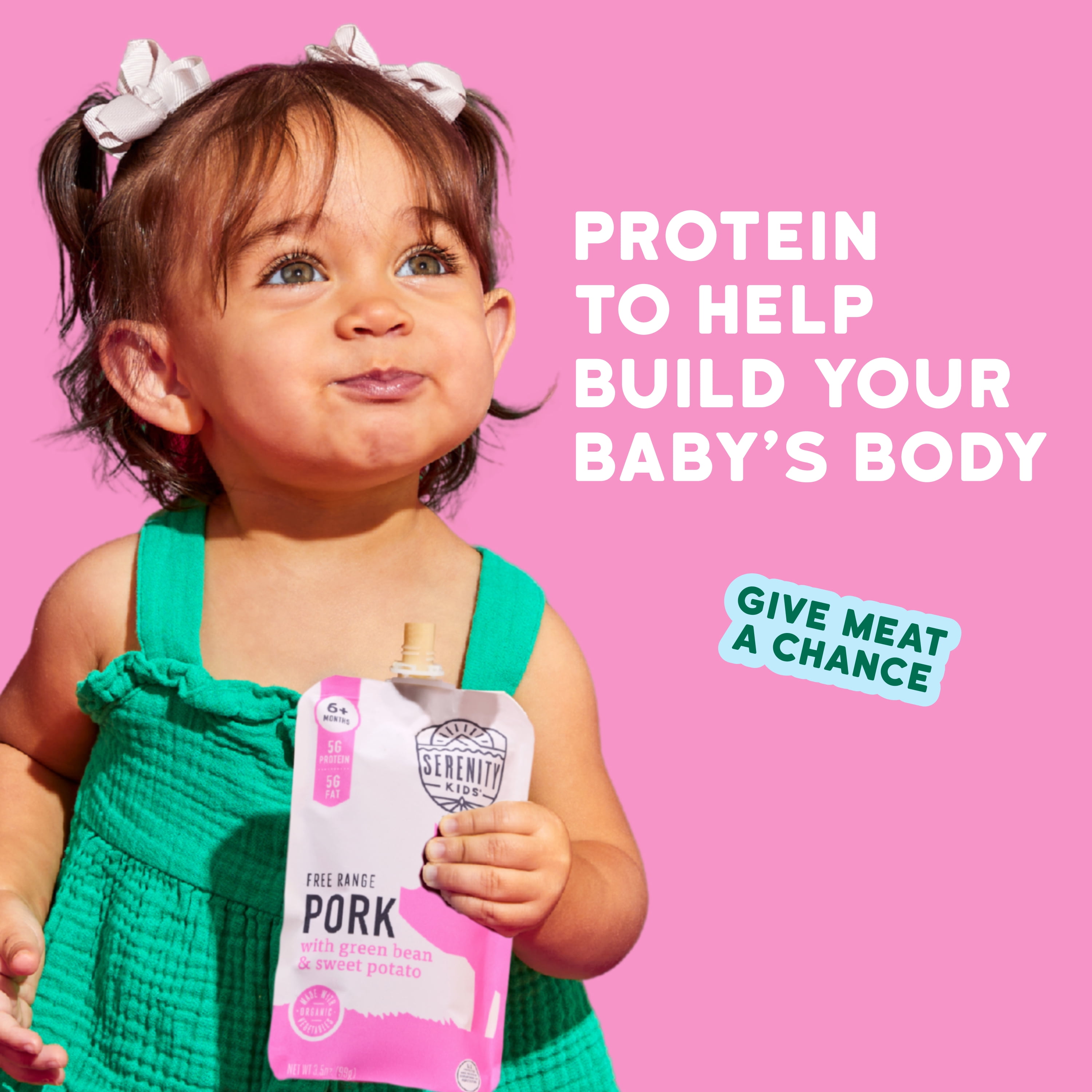 (12 pack) Serenity Kids Free Range Pork with Organic Green Beans & Sweet Potatoes Stage 2 Baby Food, 3.5oz Pouch