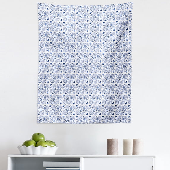 Blue Paisley Tapestry, Rhythmic Flowers and Berries Art on Plain Backdrop Illustration, Fabric Wall Hanging Decor for Bedroom Living Room Dorm, 5 Sizes, White and Dark Sky Blue, by Ambesonne