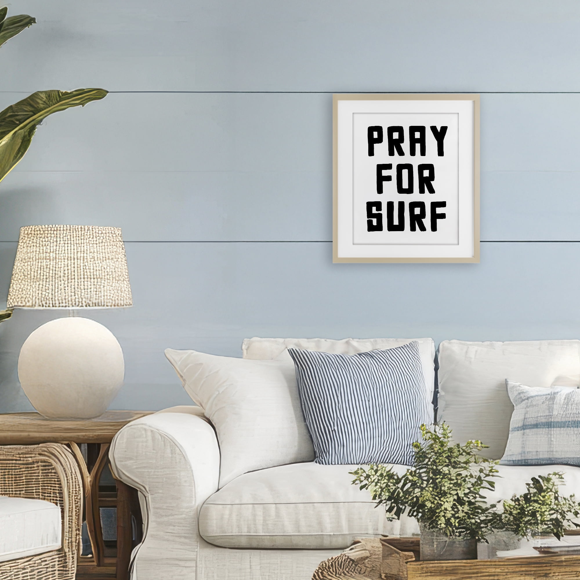 Pray For Surf Simple Sentiment Birch Framed Print Under Glass, design by Lettered and Lined