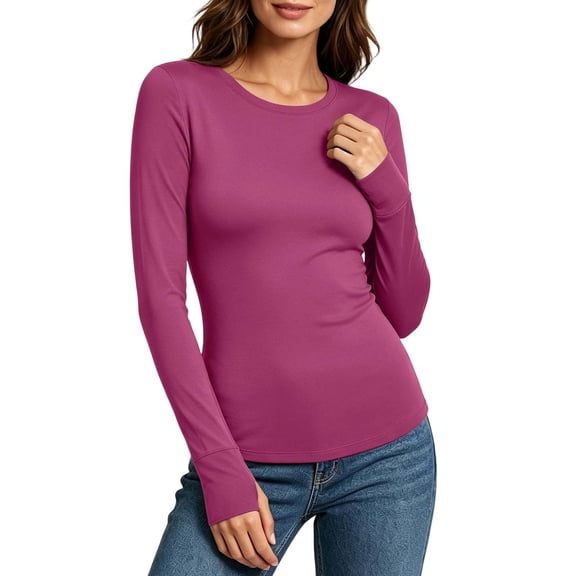 DISKEBUISS Women's Crew Neck Tops Long Sleeve Fitted Soft Stretchy Basic Layering T-Shirt with Thumb Hole for Daily