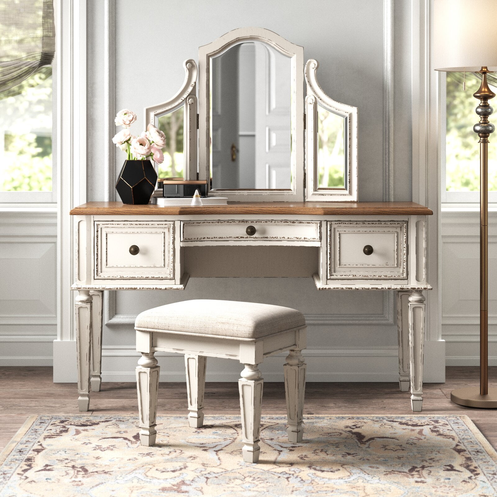 Sara vanity set with stool and mirror deals