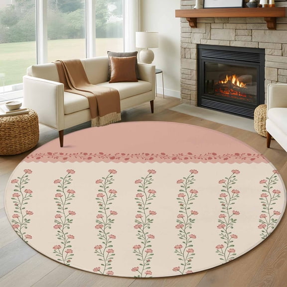 Round Rugs 6Ft, Spring Pink Floral Round Area Rug Washable Indoor Throw Carpet, Vintage Farmhouse Flowers Art Soft Non Slip Circle Rug for Office Cabinet Home Decor Aesthetic