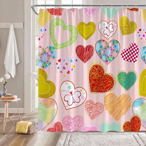 Valentine''s Day Shower Curtain Colorful Heart Boho Floral Romantic Sweet Love for Lover Couple Creative Bathroom Decor Fabric Curtain with Hooks