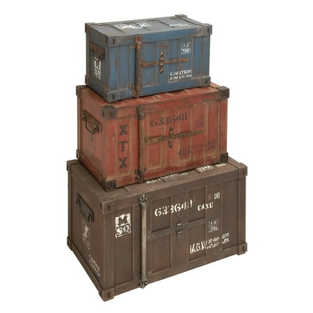 - Decmode Farmhouse 20, 24, and 27 Inch Pine Wood and Metal Railroad Crate Designed Trunks - Set of 3